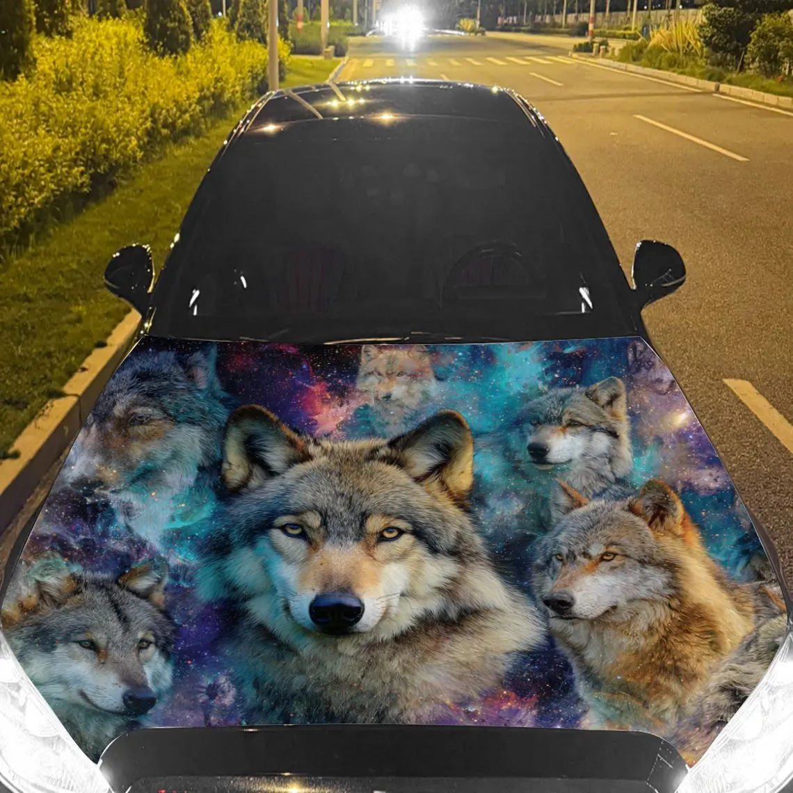 Car Decals Multiple Wolves With Varied Fur Hues Set Against A Vivid Cosmic - Like Scene Blending Purples Pinks And Blues Car Hoo