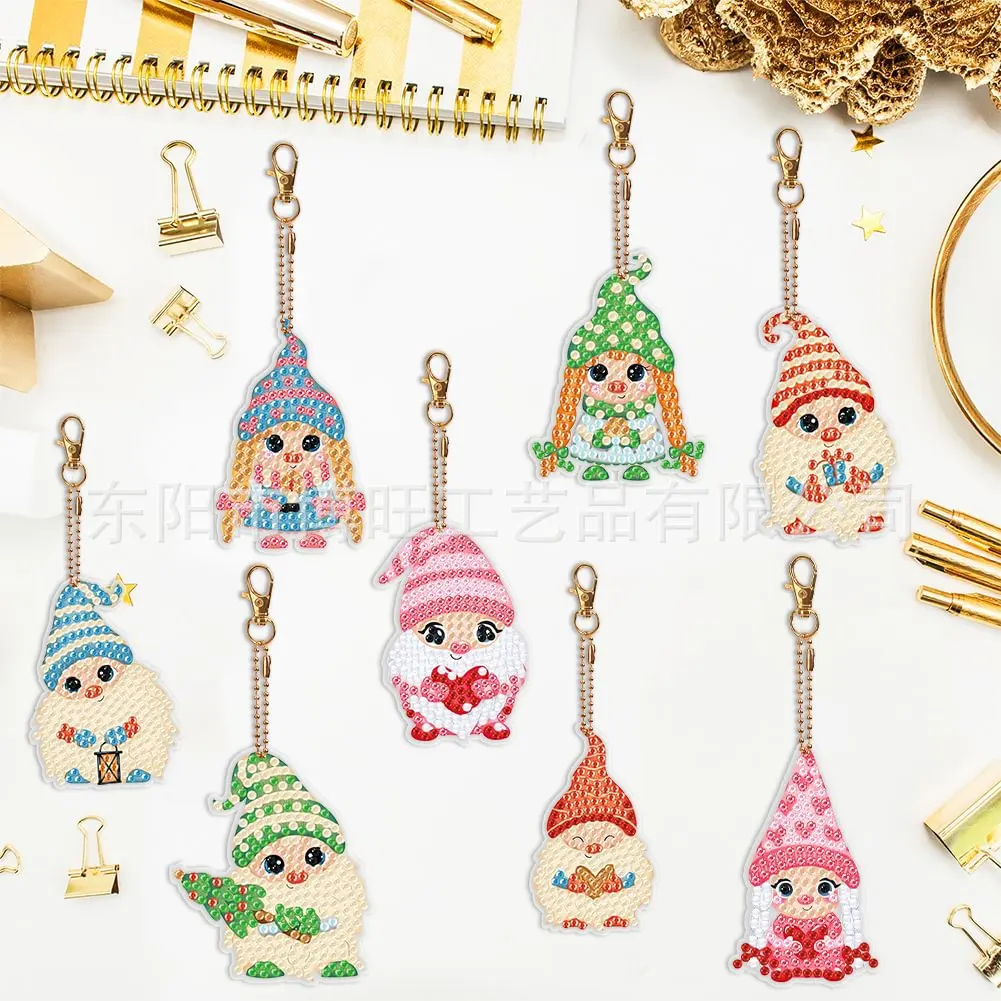 Handmade8-piece Diamond Art Keychain Set Nordic Faceless Dwarf Goblin Cartoon Diamond Keychain Double-sided Ladies Bag Pendant
