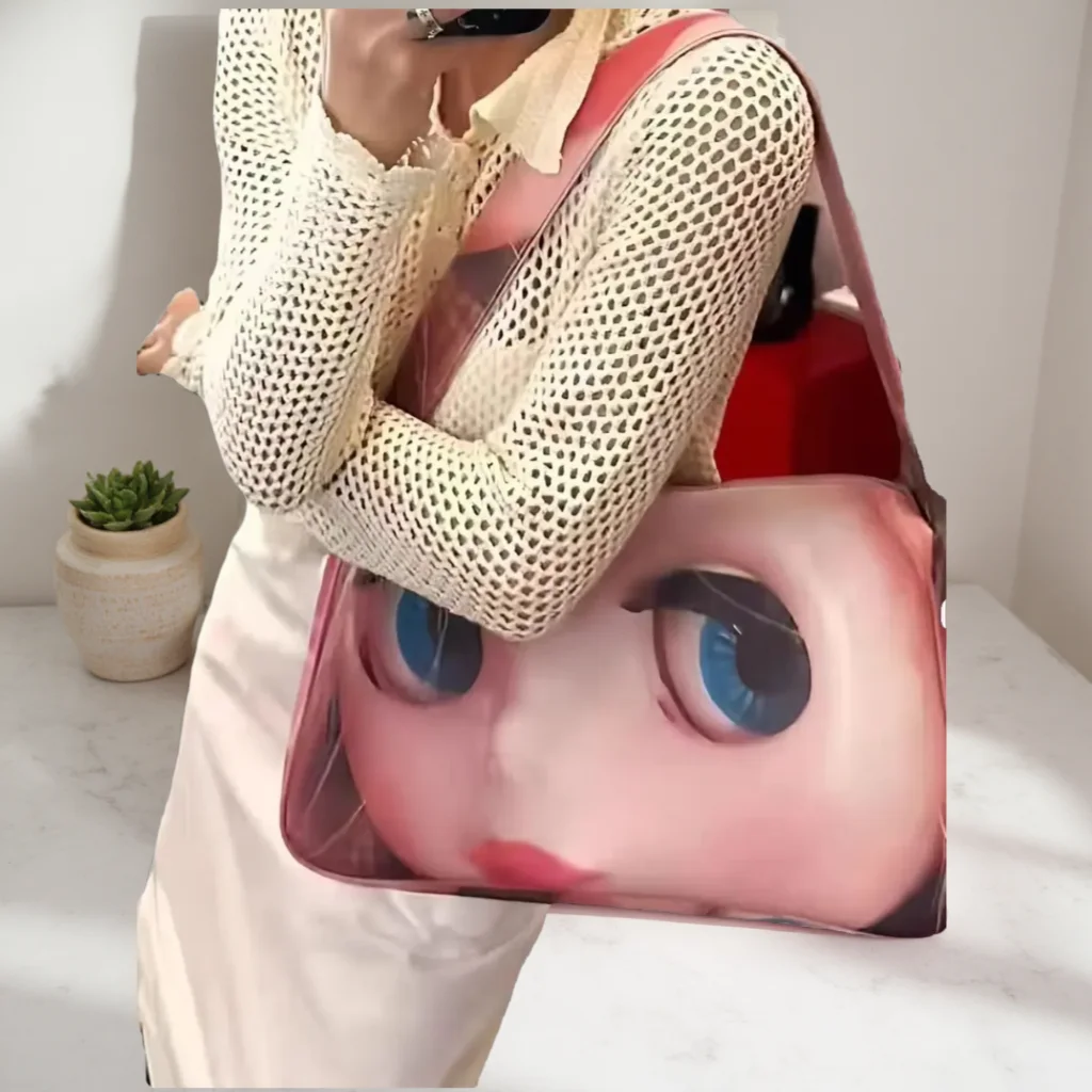 Y2K Doll Print Cloud Bag Women PU Leather Underarm Shoulder Bag Large Capacity Dumpling Shape Casual Crossbody Tote