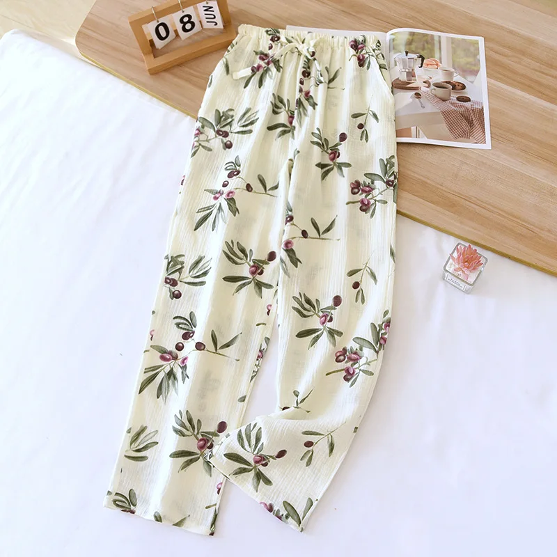 Japanese Spring And Autumn New Ladies Pants 100% Cotton Crepe Cloth Thin Home Pants Cartoon Trousers Summer Plus Size Women