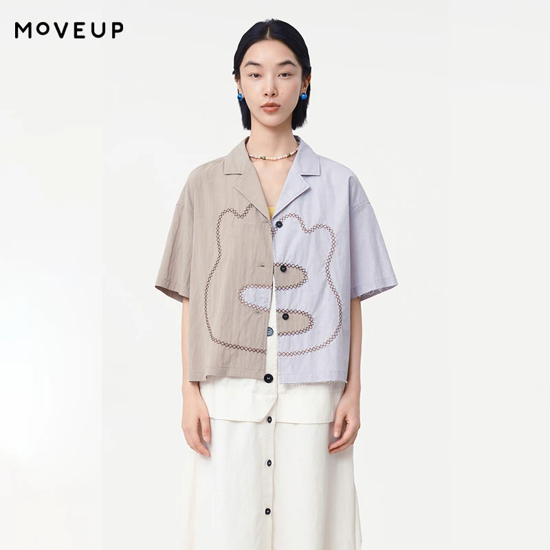 MOVEUP Short Sleeves Shirt 2026 Summer New Contrast Color Hugging Cat Embroidered Drop Sleeves Commuting Shirt Women 125220441