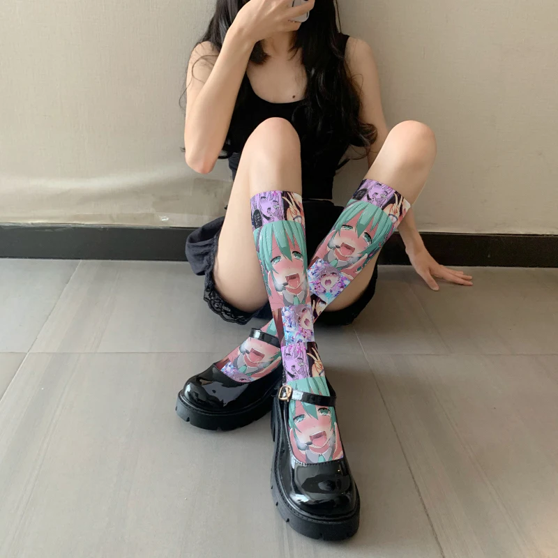 Ladies Velvet Calf Stockings Thin Summer Japanese Cartoon Anime Manga Knee Stockings Girls Lolita Cosplay Printing Hosiery