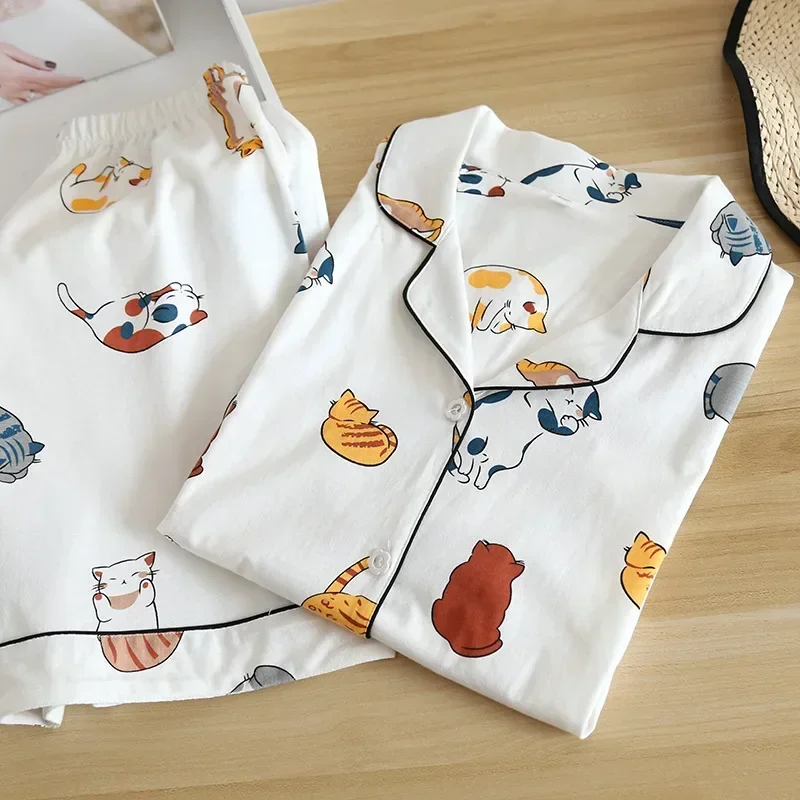 New 100% Cotton Short-sleeved Shorts Ladies Pajamas Set Cute Cartoon Pajamas Japanese Simple Short Pajamas Women Sleepwear
