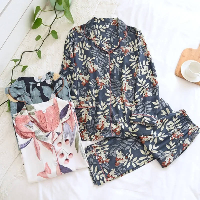 New Spring And Autumn Ladies Pajamas 100% Viscose Long-sleeved Home Clothes Pure Cotton Flowers Plus Size Two Piece Set Summer