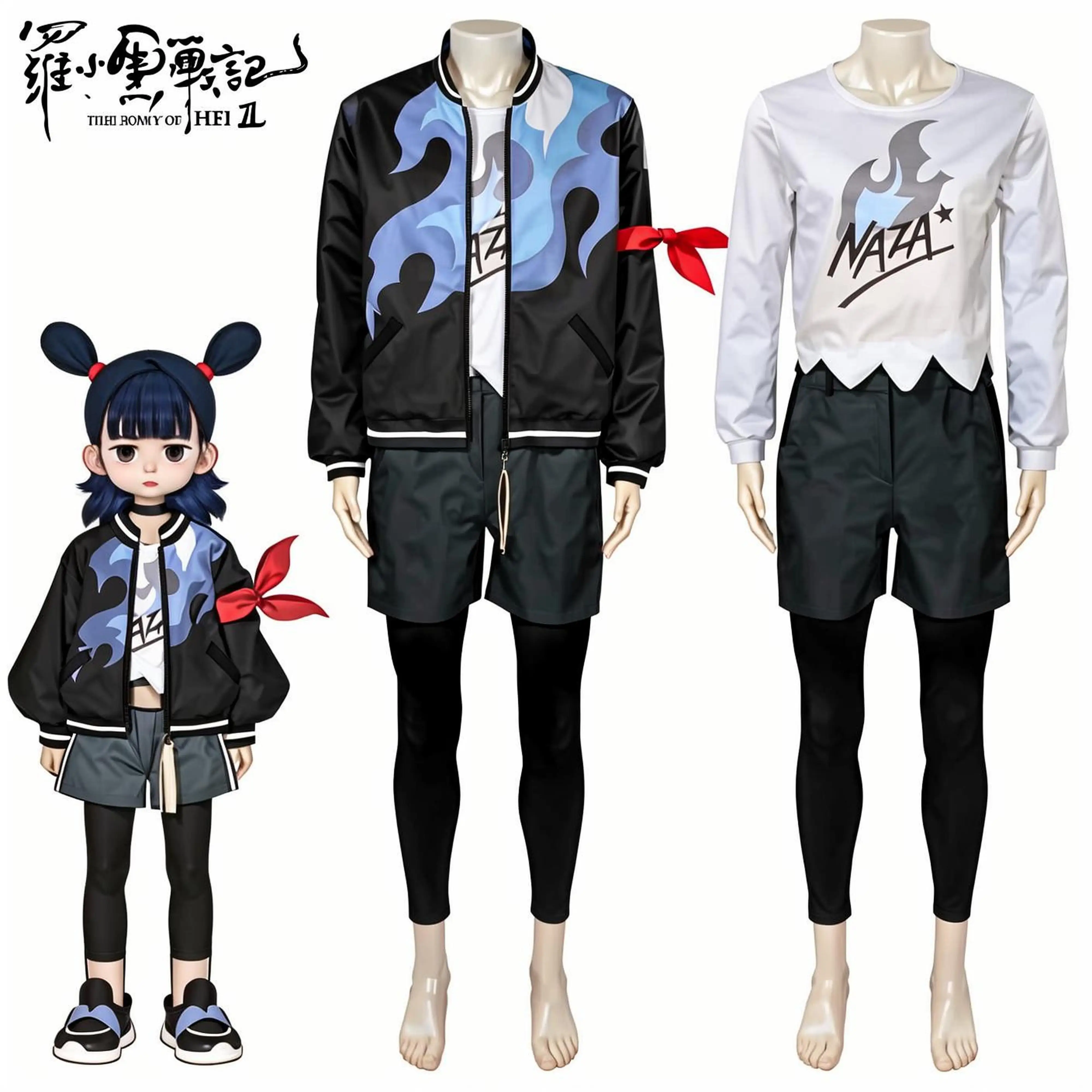 Anime The Legend of Hei Ⅱ Nezha Cosplay Costume Black Jacket Punk Flame Print Shorts Leggings Halloween Christmas Party Sui