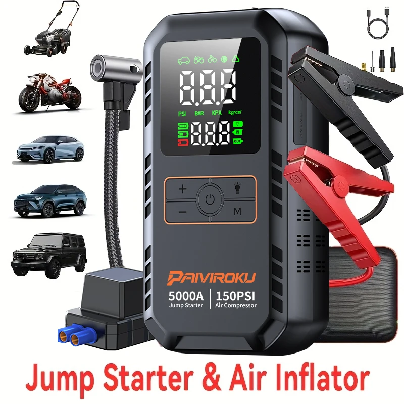 5000A Car Jump Starter with Air Compressor 150PSI Tire Inflator Auto Battery Booster Portable Jump Box
