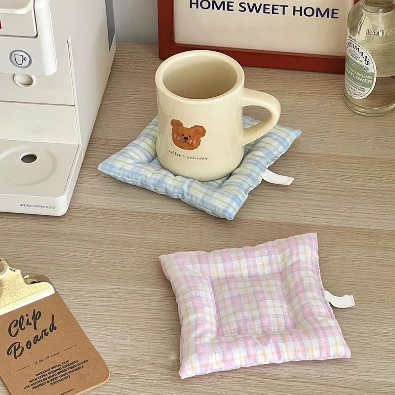 Coaster Korean Style Hand Made Cotton Coaster Checked Pattern Insulation Pad Table Mat Placemats Home Decoration Kitchen Accesso
