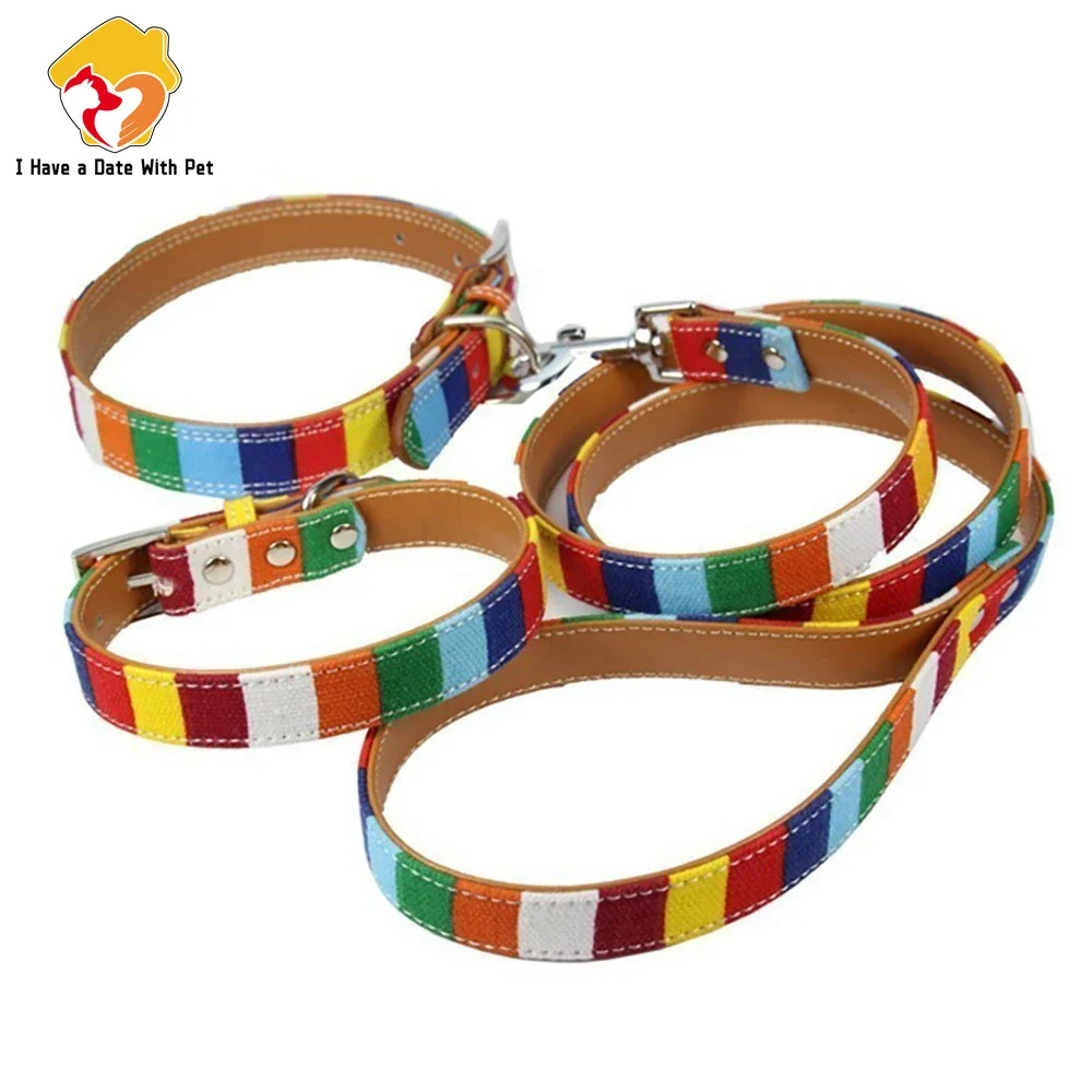 (1 collar+1 leash) S M L XL XXL Leather Dog collar Led Set Designer canvas Pu Leather Colorful Plain Pet Dog Collar Leash Set