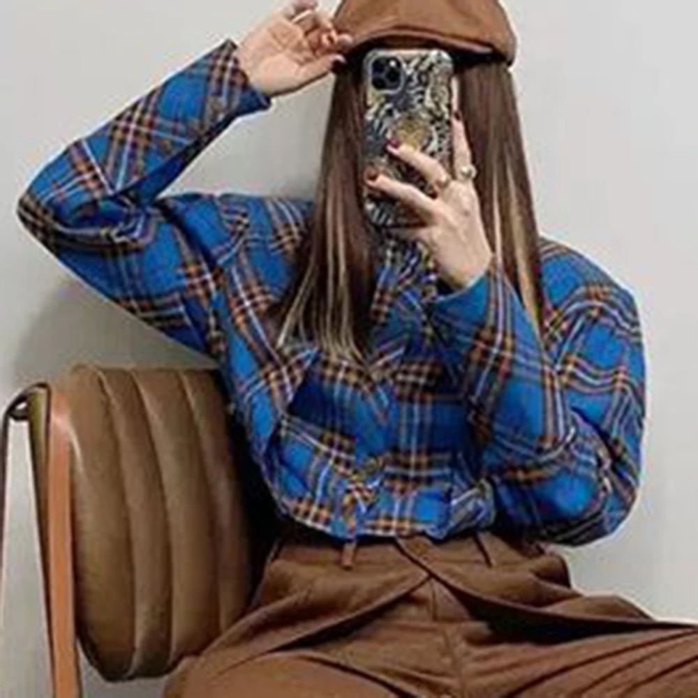 Retro blue short shoulder pad plaid niche design, polo collar shirt jacket for spring and summer women