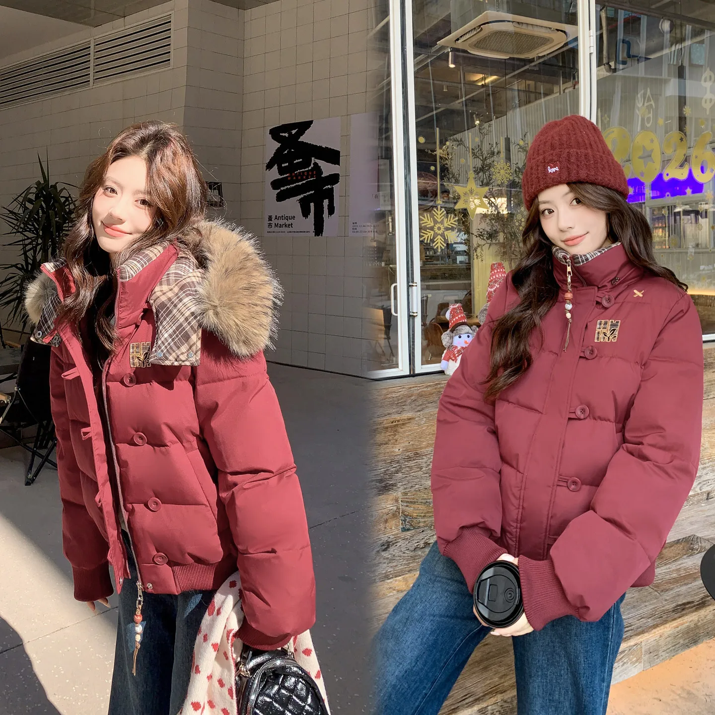 Winter Fleece Lining Warm Puffer Jacket Women New Design Plaid Hooded Big Fur Collar Short Cotton Padded Coat Jacket Loose Thick
