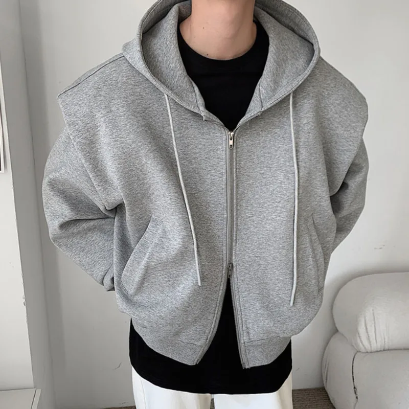 Autumn New Padded Shoulder Design Solid Streetwear Men Double Zip-up Hooded Sweatshirts Harajuku Casual Daily Hoodies