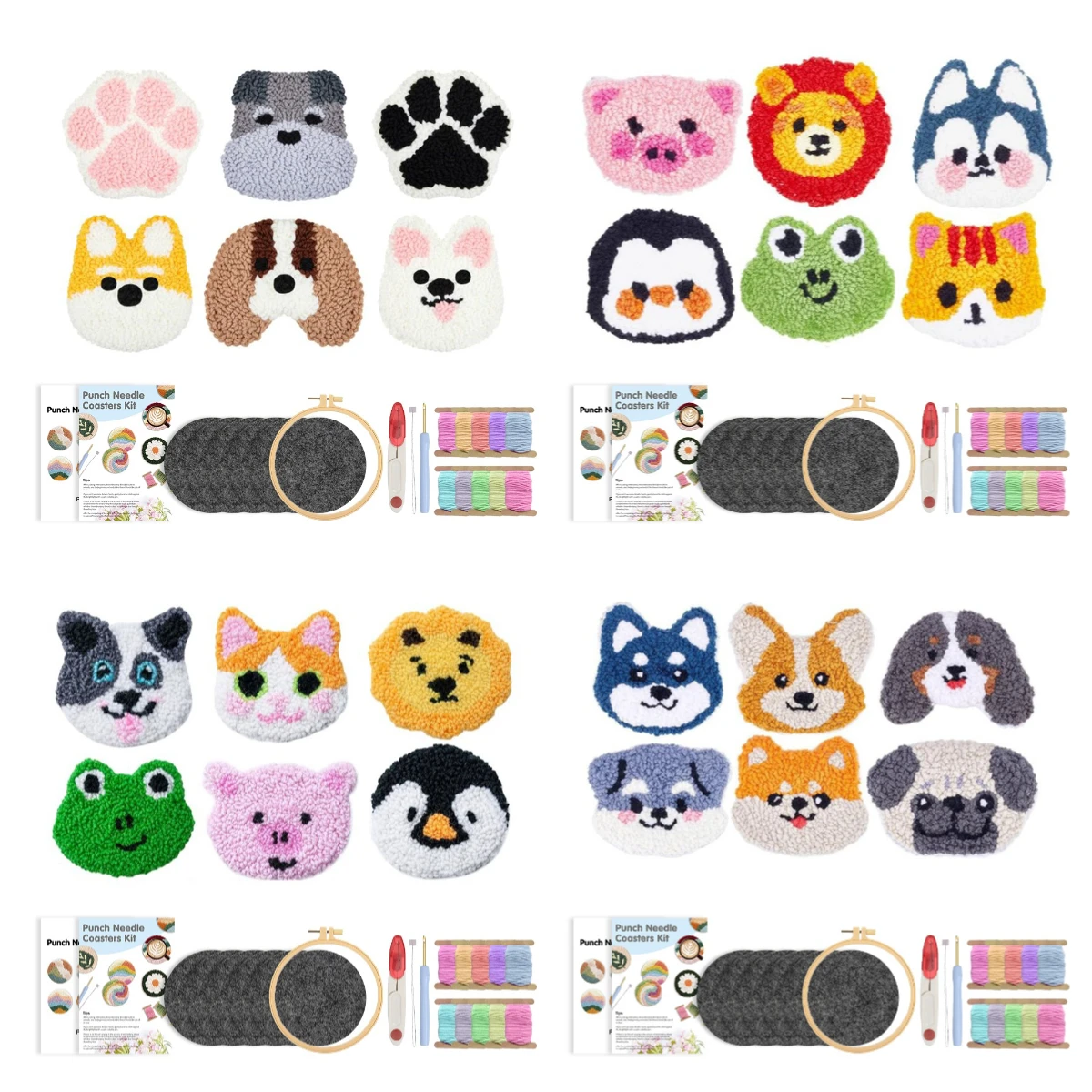 6pcs Punch Needle Embroidery Kit DIY Stitching Coasters Needlecraft Dog Pattern Tufted Rug Pads with Felt Yarns for Beginners