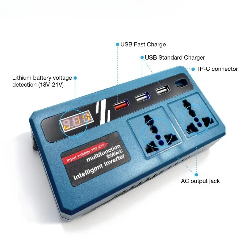 Portable Smart Inverter Multifunctional Smart Voltage Converter with 4 USB Ports and LED Light for Makita 18V Lithium Batteries