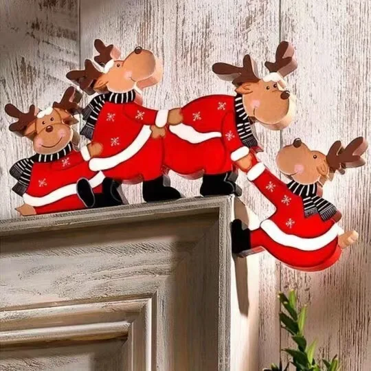 Wooden Christmas Corner Door Frame Decoration Cartoon Santa Claus Elk Xmas Penguin Pendant Merry Christma Decor For Door Frame