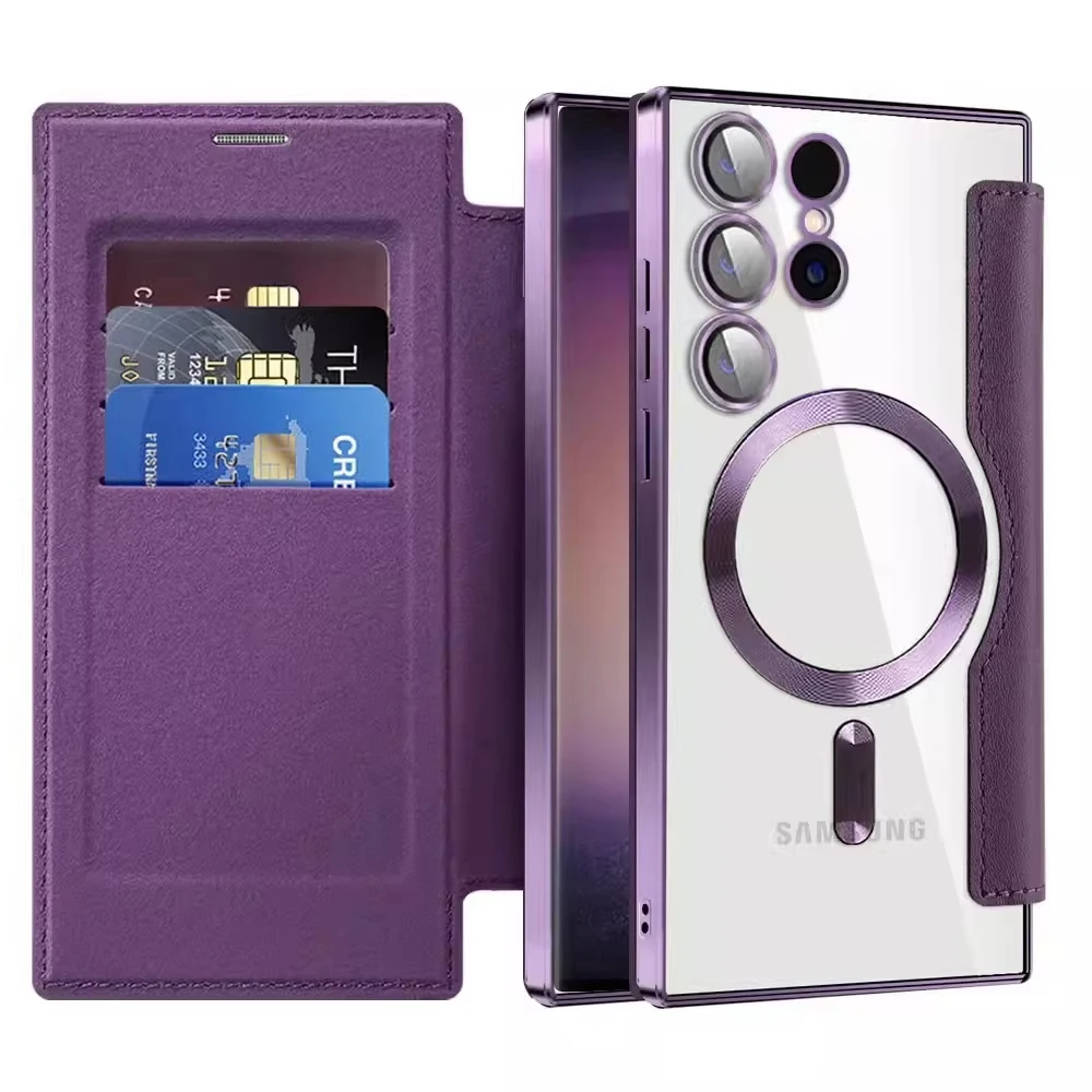Plating Magnetic Wallte Case For Samsung S25 Ultra S24 S23 FE S22 A56 5G A55 A36 A35 A26 A16 A06 Slot Card Bag Holder Flip Cover