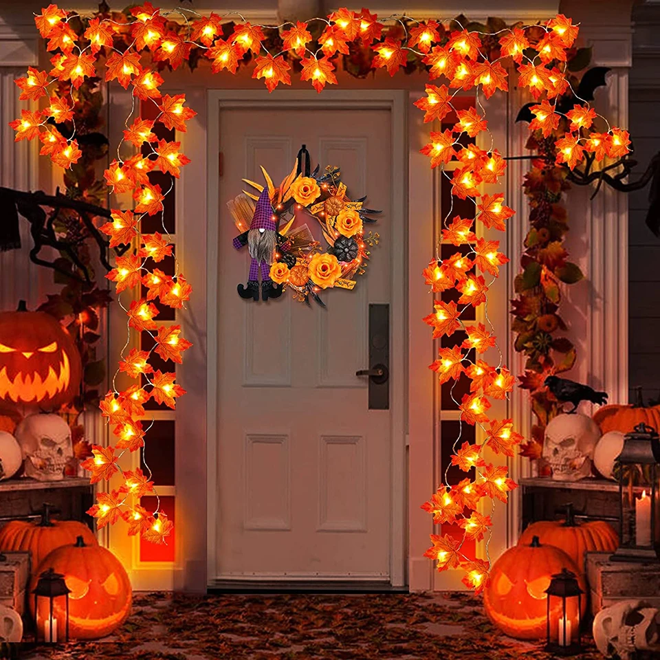 Fall Decor Maple Leaves Garland String Lights for Thanksgiving Halloween Ball Fairy Light Home Wedding Party Christmas Decor
