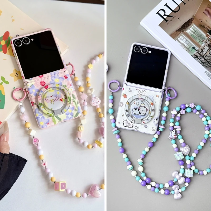 For Samsung Galaxy Z Flip 8 Flip7 6 5 Cover Flowers Kitten Spotted Puppy Pu Leather Magnetic Case Holder Long-chain Crossbody