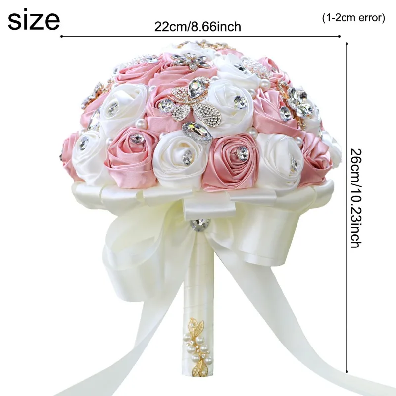 Spot Wedding Props Golden Rhinestones Bridal Bouquet Ribbon Wedding Bouquet, Satin Rose Hand Flower W810B