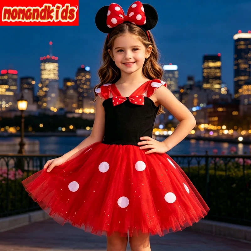 Glossy Red Spotted Tutu Gown with Lightweight Flowing Mesh,perfect for Cake Smash Sessions and Seasonal Holiday Fancy Dress Gala