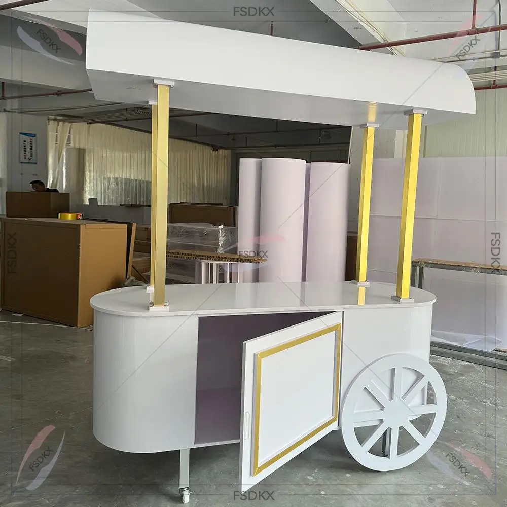 Spot sale White With Wheels Flower Decorative And Food Candy Cart Pvc Acrylic Display Wedding Party Dessert Sweet Cart