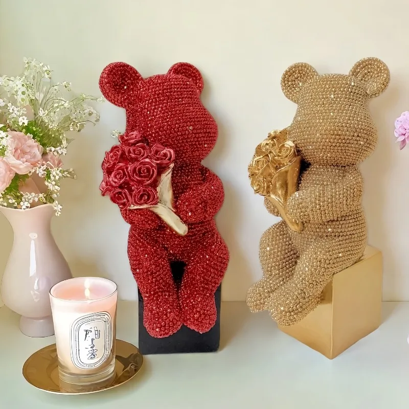Colorful Spotted Bear with Flowers,Resin Statue Decoration,Small Character Decoration,Bookshelf,Living Room or Office Decoration