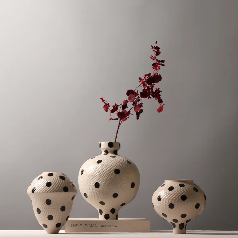 Black Polka Dot Ceramics Vase Plant Pots Table Decoration Flower Arrangement Black Spot Floral Vases Room Aesthetic Decor