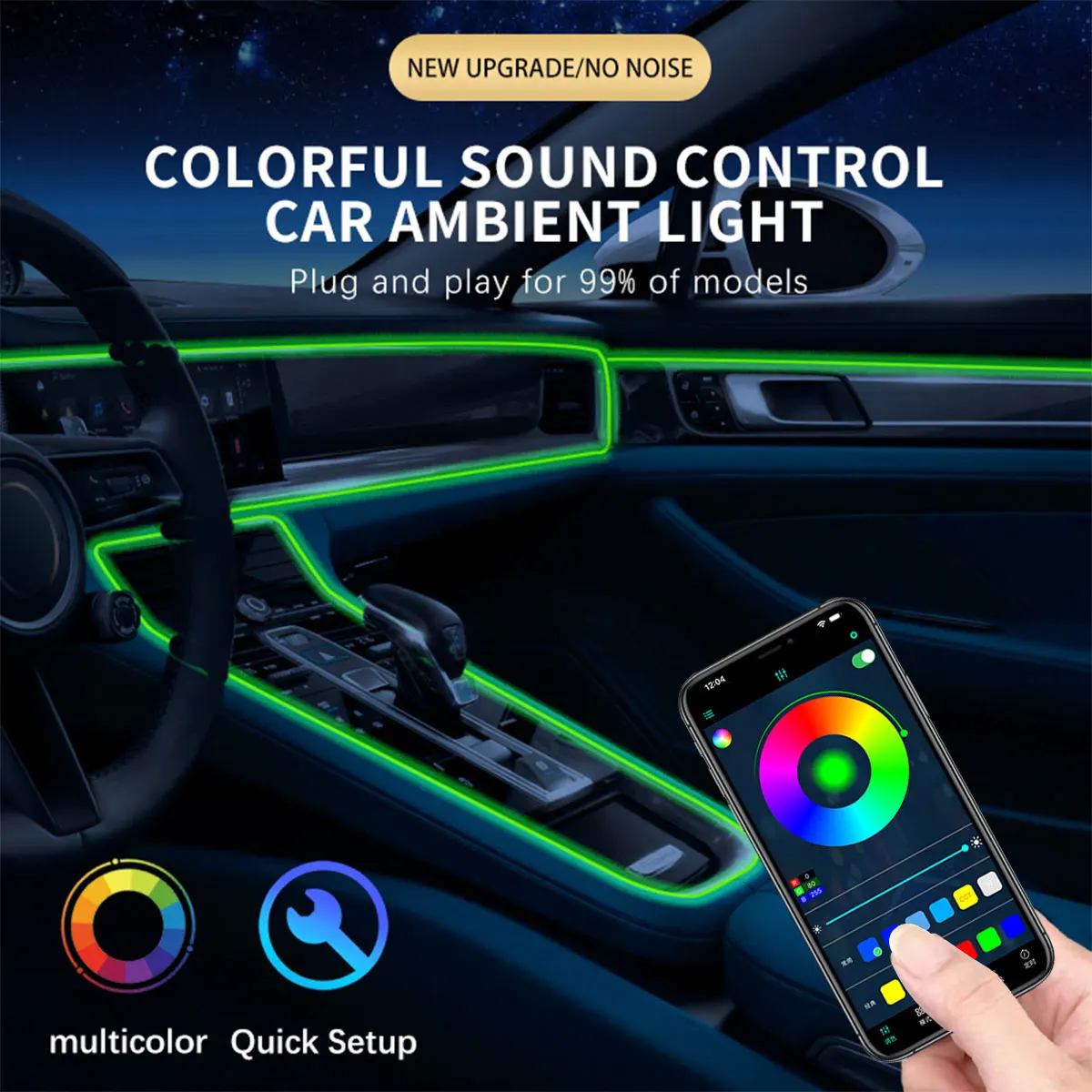 Car RGB LED Ambient Light Strip USB Fiber Optic Atmosphere Car Neon Interior Light Strip Center Console Door Decoration Lamp