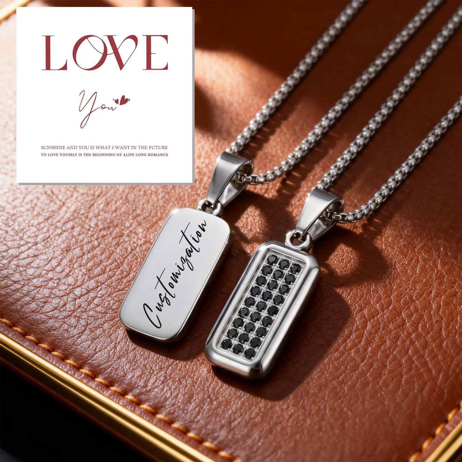 Personalization Dog Tag Necklace for Men Gift, Inlaid With Zircon Stainless Steel Free Engraving Pendant Necklace to Dad Husband