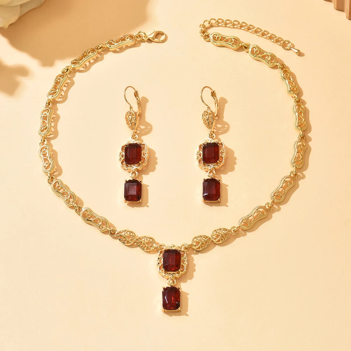 Middle Eastern BrMorocco Style Necklace Earring Set For Women Luxury Arabic Red Green Crystal Square Pendant Neck Bridal Jewelry