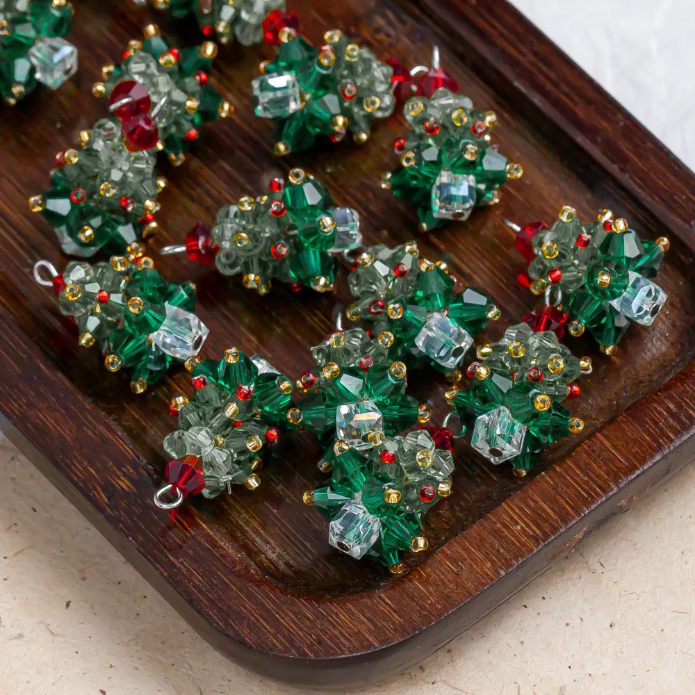 2/6pcs Winter Christmas Tree Charms Beaded Crystal Pendant For DIY Handmade Earrings Necklace Jewelry Gifts Accessories Supplies