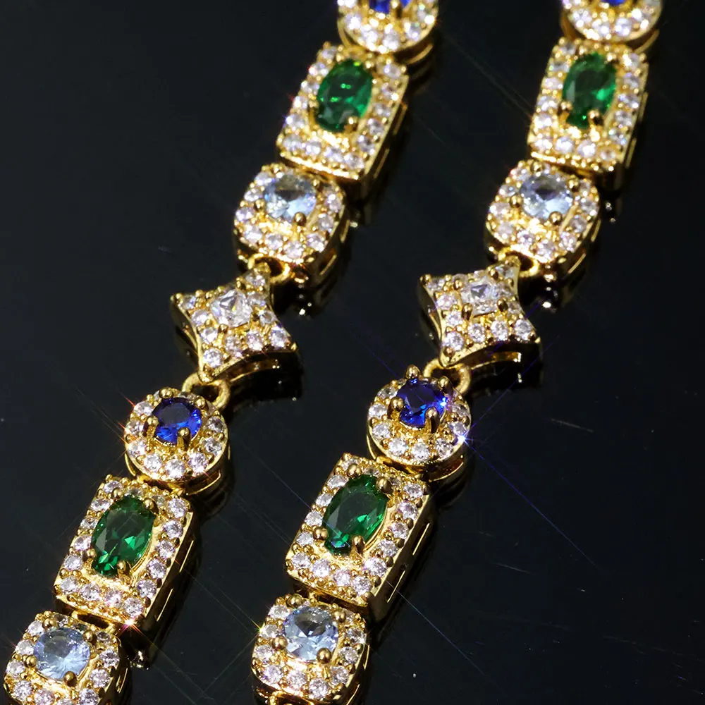 NY High Quality 6mm Iced Out Diamond Star Chain Necklace Colorful Geometric Blue/Green/White Zircon Chain Hip Hop Fine Jewelry