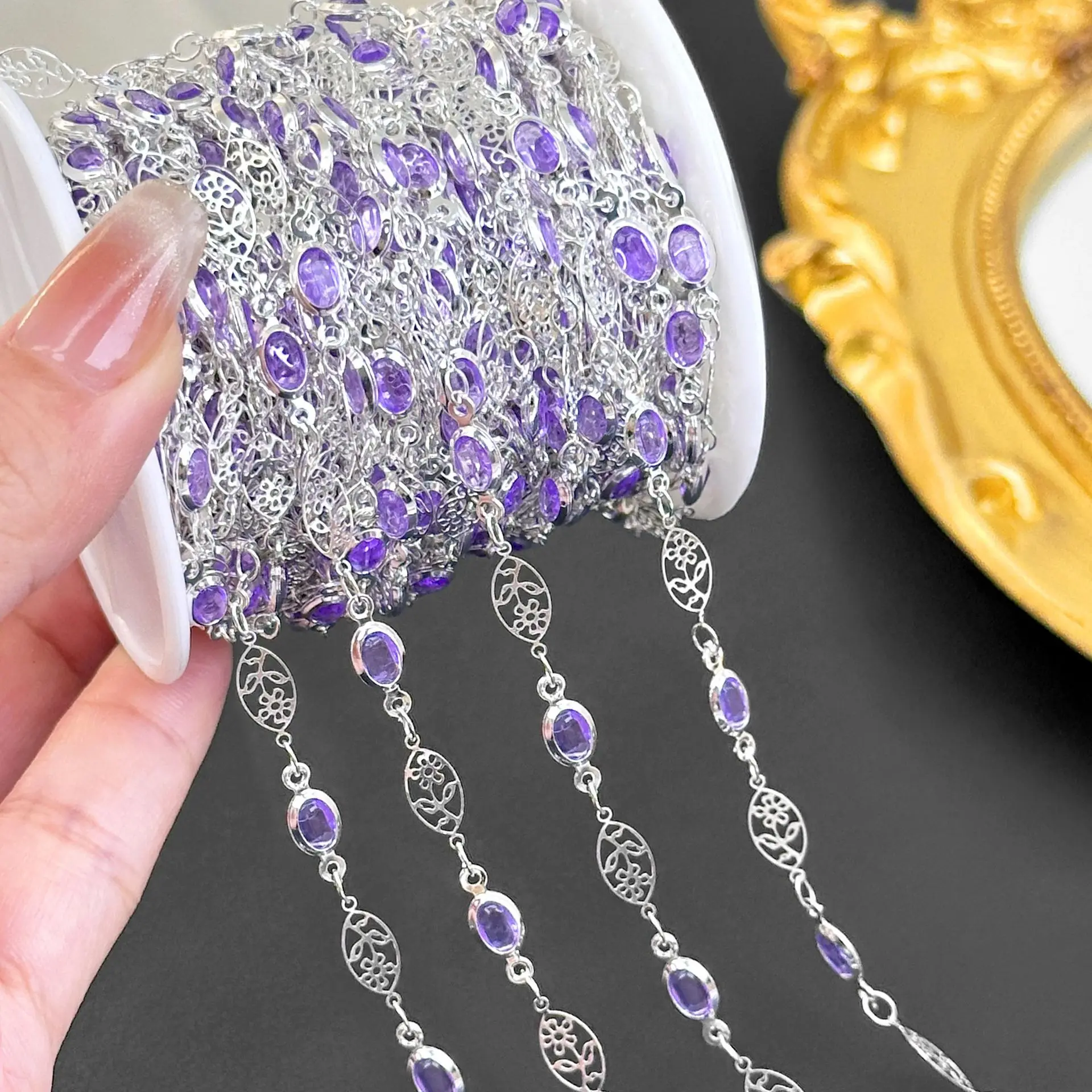 0.5/1/2M Hollow Flower Inlaid Diamond Handmade Chain DIY Decorative Chain Bracelet Necklace Clothing Packaging Chain