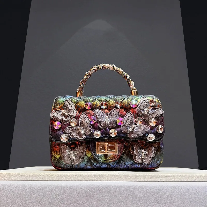 2025 Women's Retro Fashion Luxury Designer Rhinestone Butterfly Diamond Handbag with Metal Chain Shoulder Bag