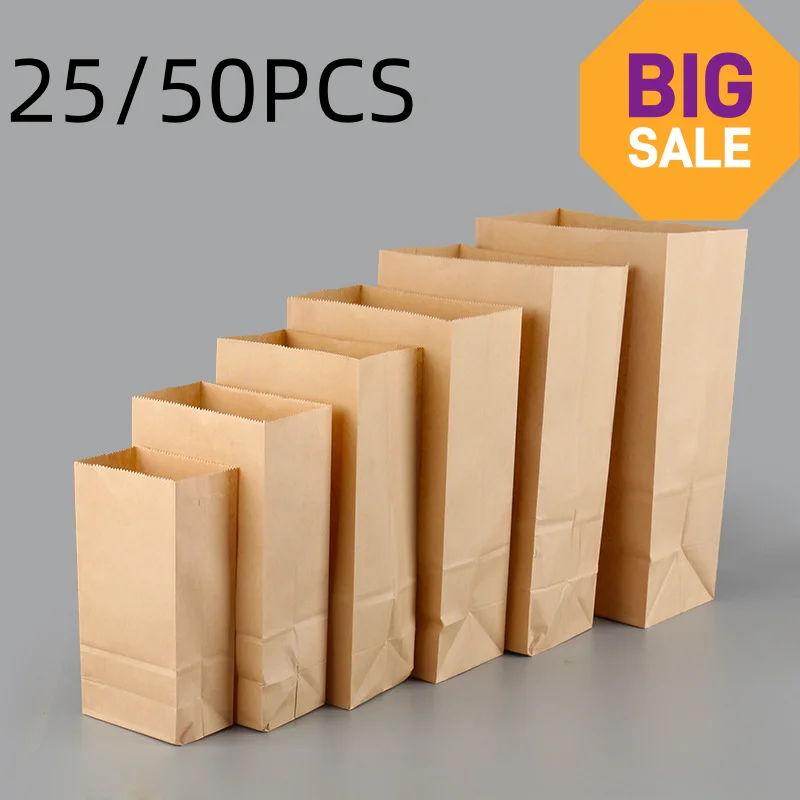 25/50pcs Brown Kraft Paper Bags Exquisite Recyclable Gift Takeout Food Baking Packaging Candy Storage Wholesale