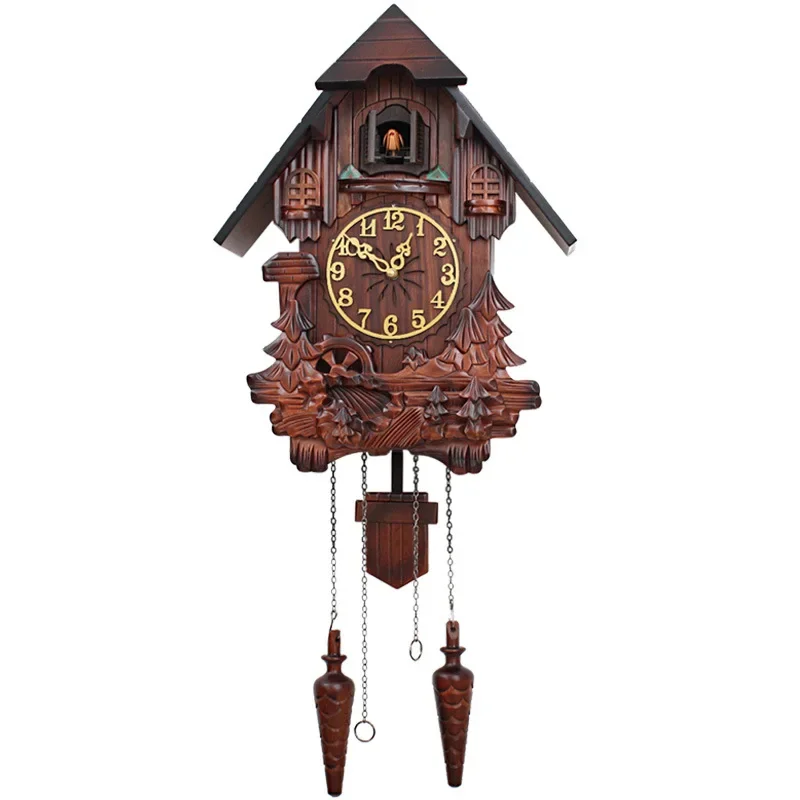 Vintage Wooden Cuckoo Wall Clock Decoration Hand Carved Basswood with Birds Music Time Alarm Clock