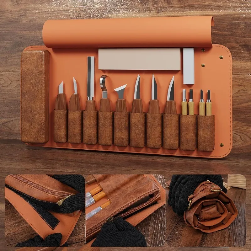 Wood Carving Tools Set with Rolling Storage Bag Wood Carving Chisels for Spoon Carving Basswood Engraving Wooden Craft DIY Tool