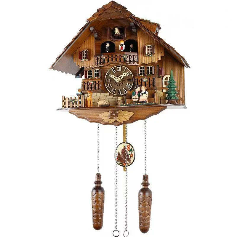 Vintage Hand Carved Basswood Cuckoo Wall Clock – Handcrafted, Bird Call Chime, Alarm Function, High Quality Home Decor