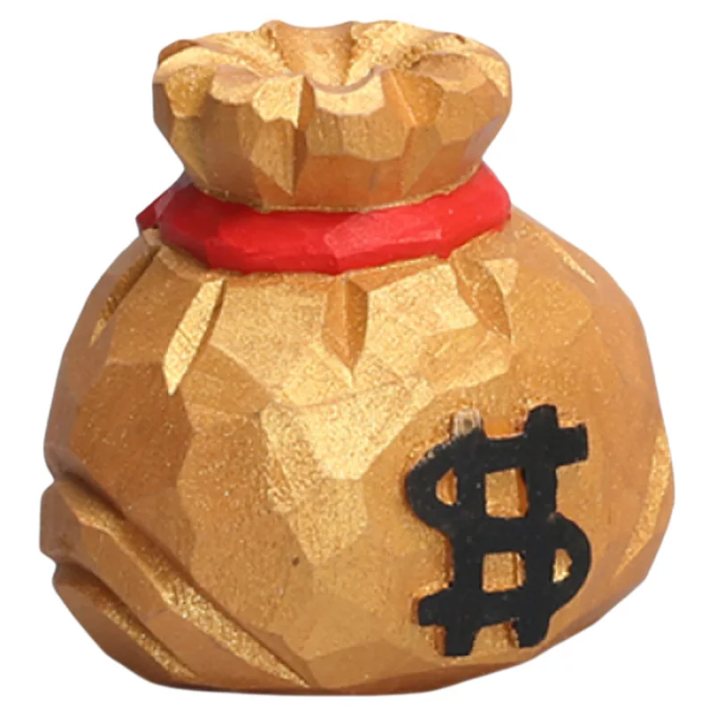 Hand-carved wooden money bag desk ornament, crafted from real basswood, stall or street market prop for wealth and fortune