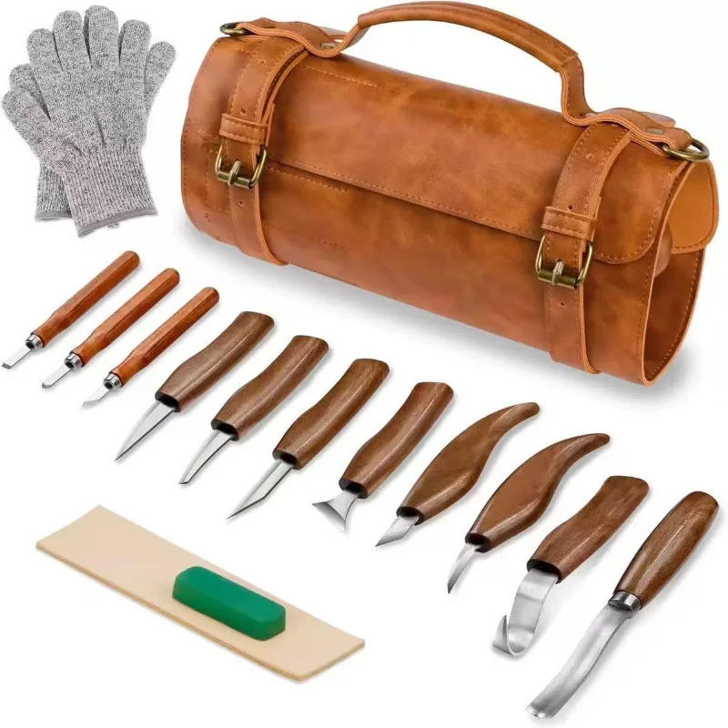 Wood Whittling Kit,15Pcs Wood Carving Tools Kit For Beginners,Basswood Carving Blocks Gloves Roll Bag Sharpener,For Widdling Kit