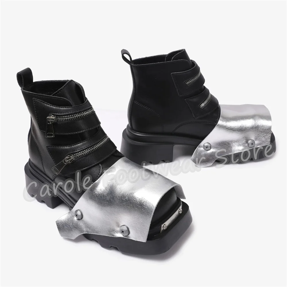 Mixed Color Leather Splicing High Top Male Boots Square Toe Chunky Heel Zipper Decor Motorcycle Boots Heigh Increasing Boots