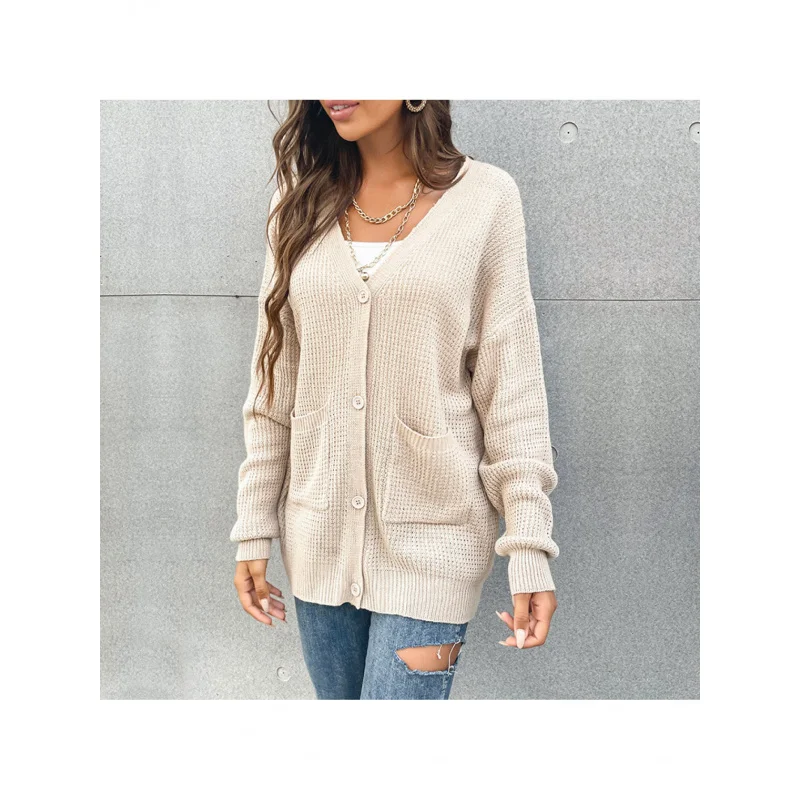 Autumn European and American Style Solid Color V-Neck Button Pocket Cardigan Sweater Coat for Women