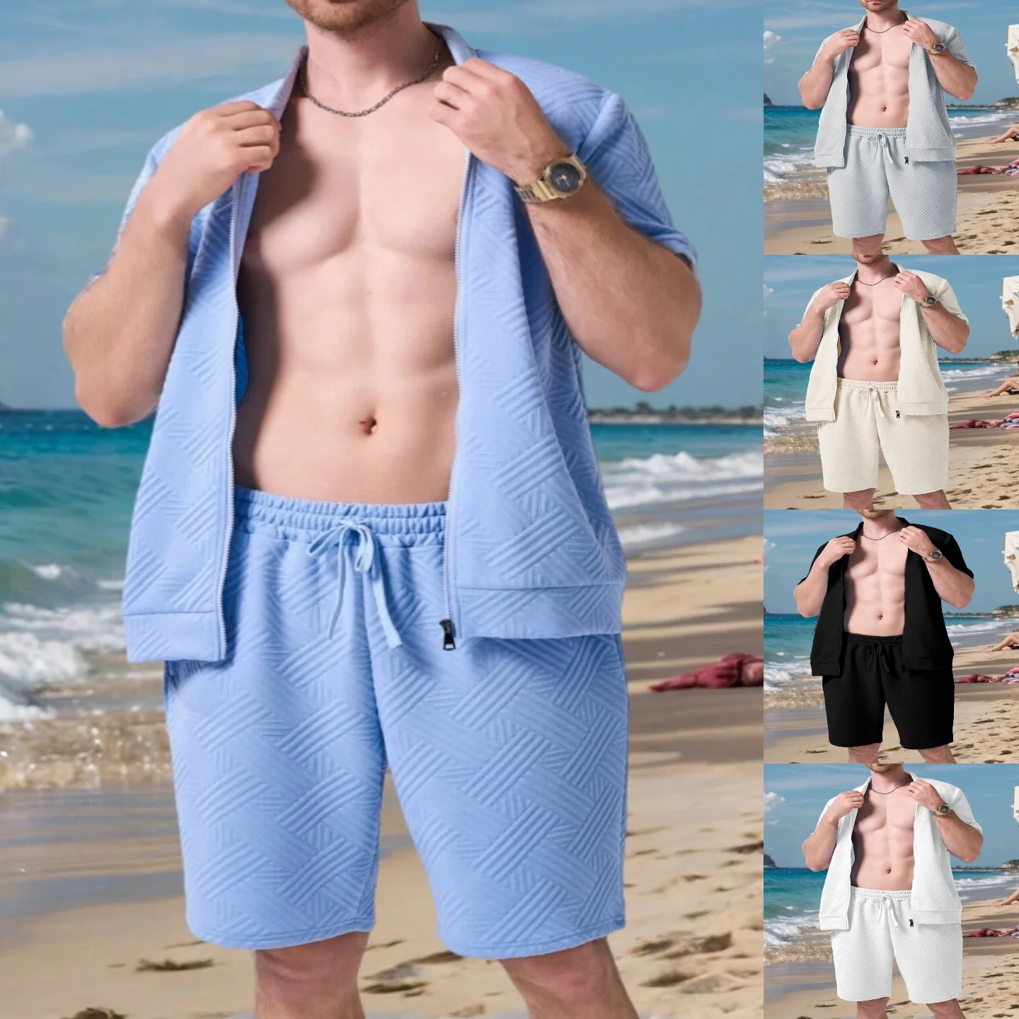 Summer men's new jacquard solid-color stylish casual loose-fit set, breathable and comfortable beach-style zipper two-piece set