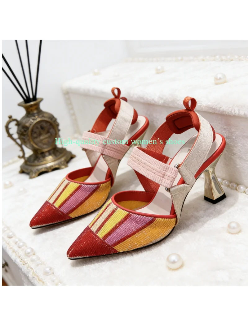 Pointed-Toe color-Blocked Style Broadband Design Retro Style Summer Sandals Peculiar Heels Heels Shallow  Luxury High Heels