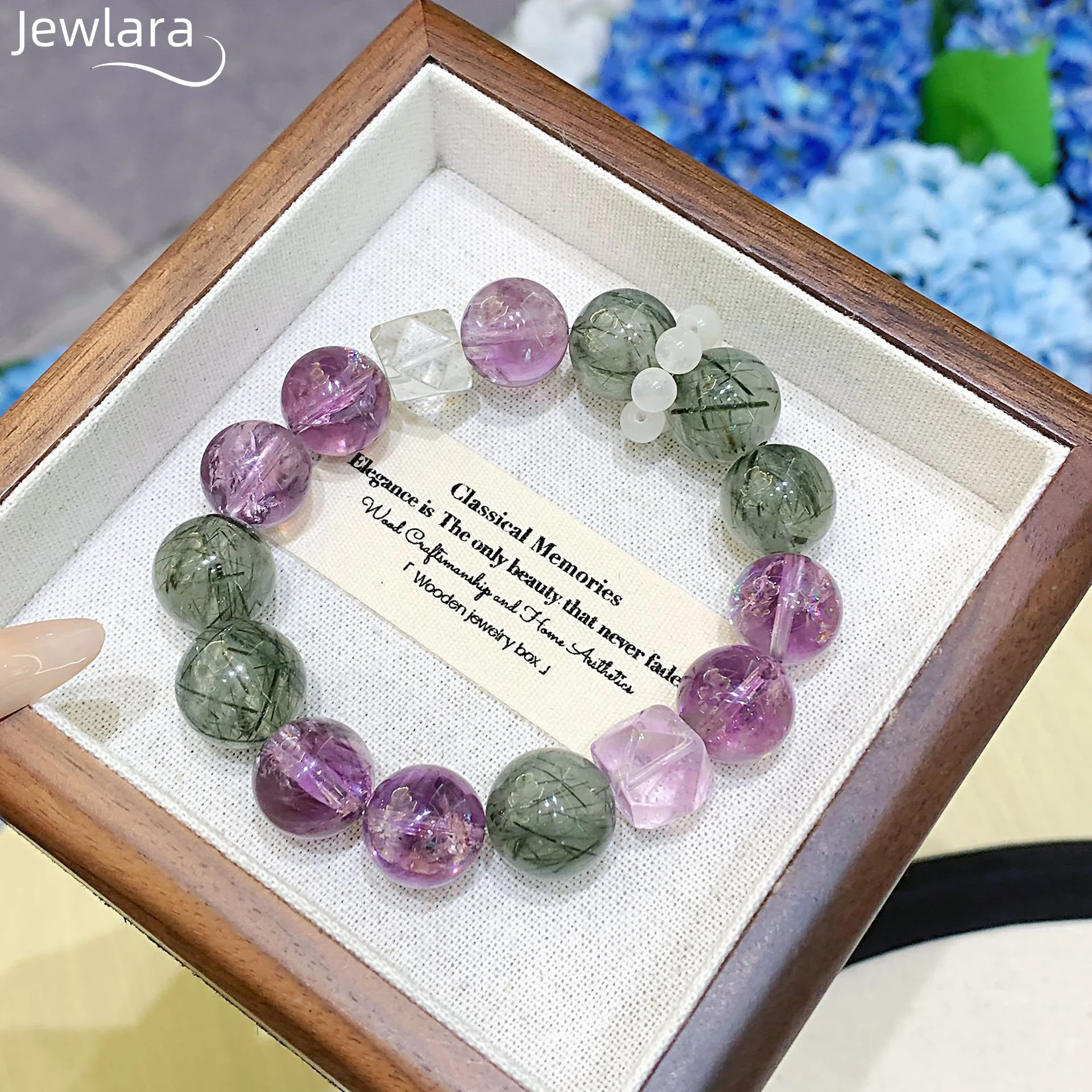 Jewlara Natural Amethyst and Black Mica Beaded Crystal Bracelet, DIY Color-blocked Crystal Bracelet Gift, INS Style.