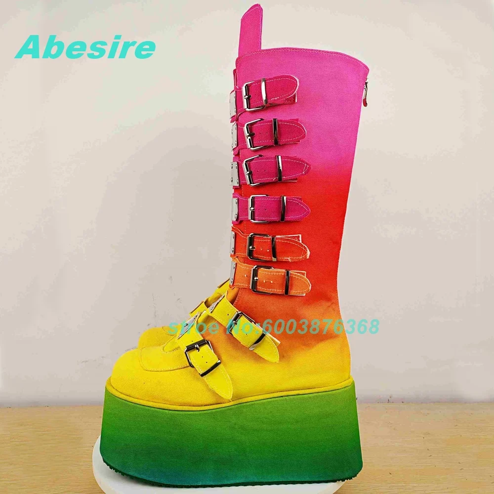 Mixed-Color Patchwork Multi-Buckles Knee High Boots Round Toe Wedges Back-Zipper Shoes for Women Lolita Sweet Cute Y2K Shoes