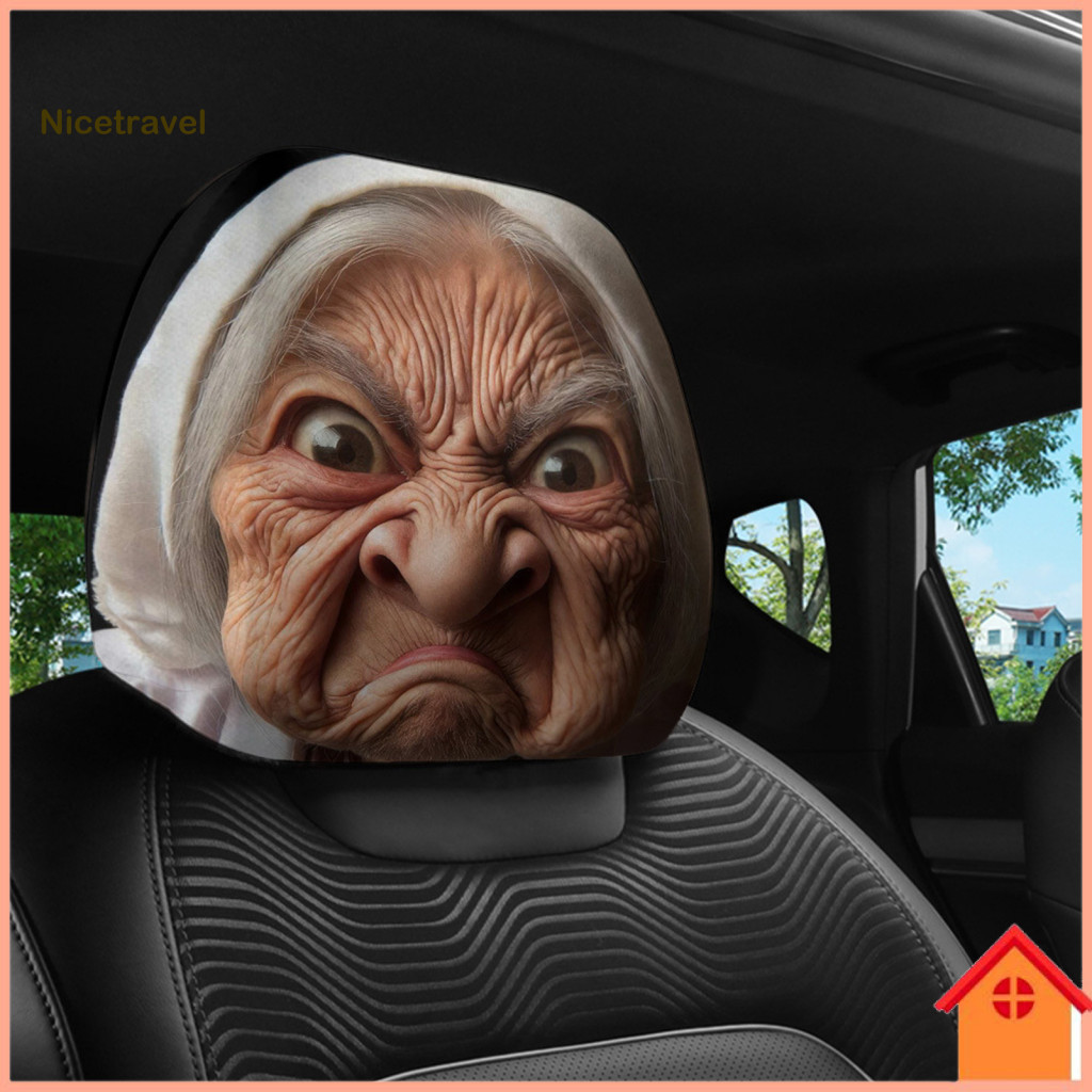 Auto Accessories Replacement Headrest Covers 2pcs Funny Granny Face Car Breathable Universal Seat Protectors for Suv Tru