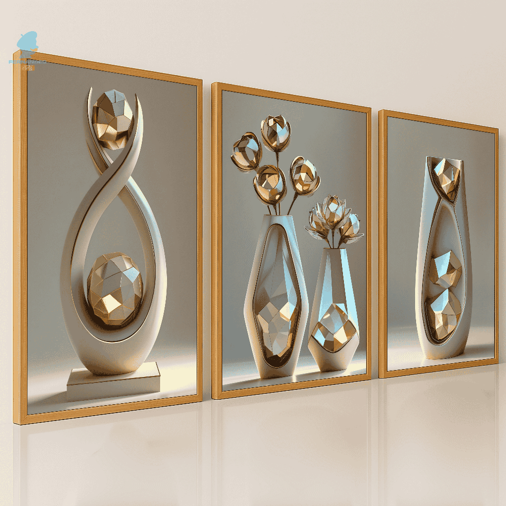 Quadros Decorativos Trio Abstrato Arte Geométrica Metálica Luxo Sala Quarto