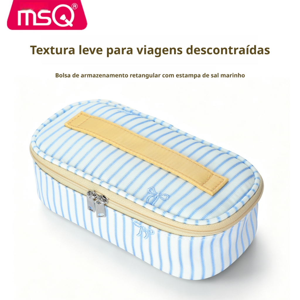MSQ Bolsa De Maquiagem Azul Listra Branca Cosmética Porta Escova Removível De Grande Capacidade Organizador De Viagem