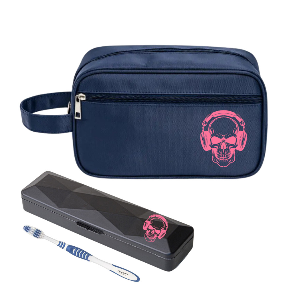 Nécessaire Executiva Nylon Caveira Fone Rosa e Porta Escova