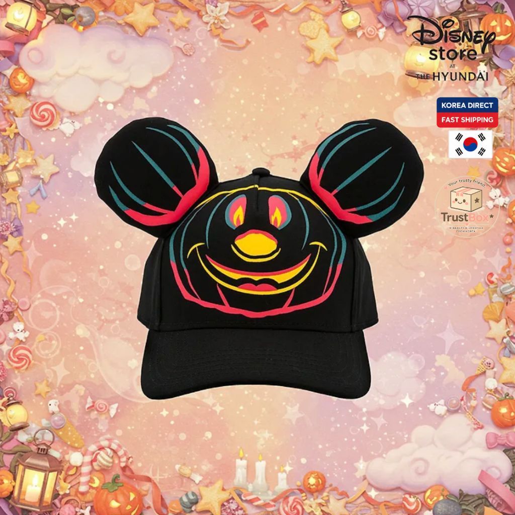 [100 % Autêntico] Boné De Orelha De Halloween Do Mickey Mouse Neon Pumpkin Bat Chapéu De Beisebol Fantasia Festa Cosplay